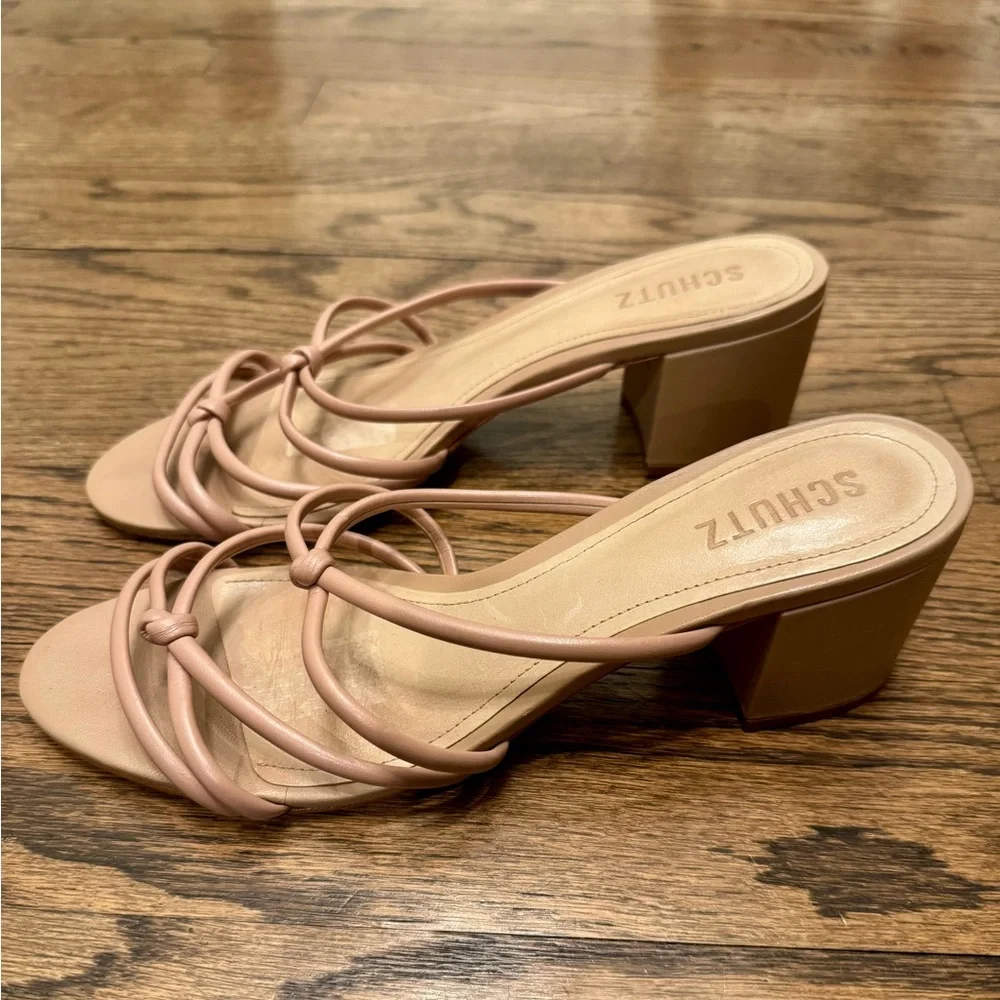 Schutz Leather Strappy Block Heel Mules 8.5 Nude